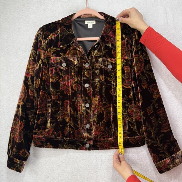 Sundance Jacket Womens Small Brown Red Floral Velvet Silk Blend Trucker Lined - Picture 2 of 7